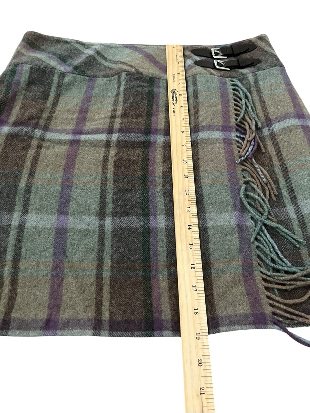 Lauren Ralph Lauren Plaid Fringe Trim Tweed Mini Skirt Buckles Sz 12 Wool Blend - Picture 11 of 15